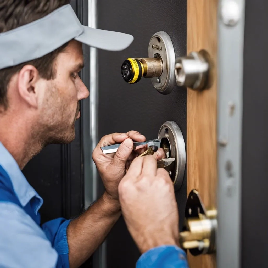A Licensed locksmith technician working on a residential door lock in Holt, AL