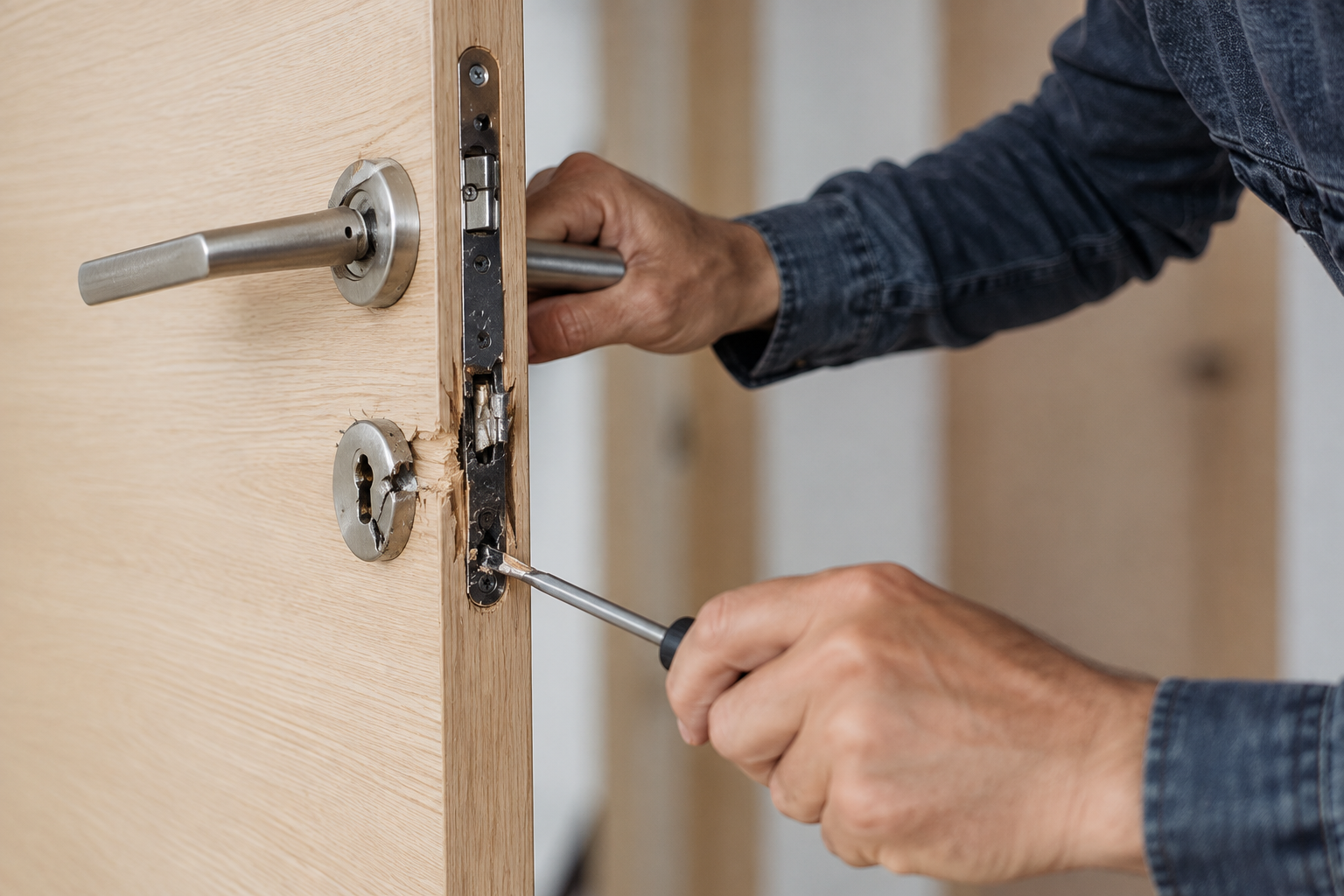 Before: damaged mortise door lock being removed for repair in Tuscaloosa, AL